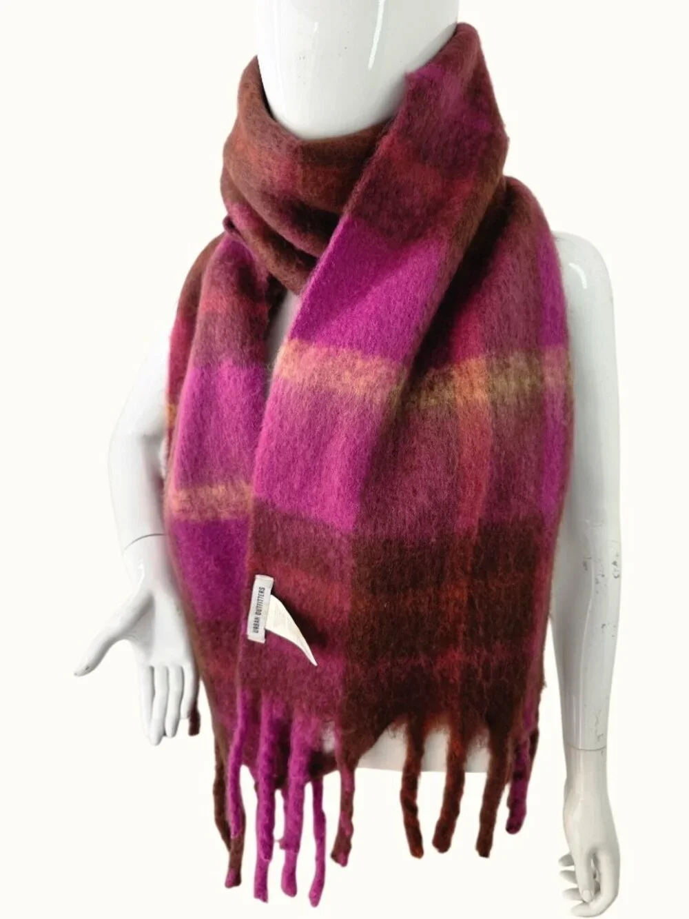 Urban Outfitters Plaid Blanket Scarf Wrap Pink Burgundy Brown Fringe Oversized